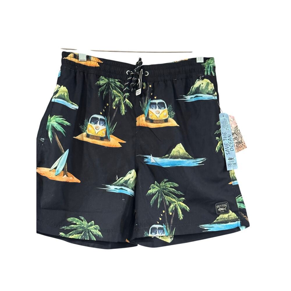 Spicy Tuna Mesh Lined Drawstring Swim Trunks Men Small black Retro VW Multi NWT